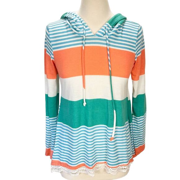 SELF ESTEEM | Multi colored Big Striped Color Block Long Sleeve Lace Hem Hoodie - Picture 1 of 9